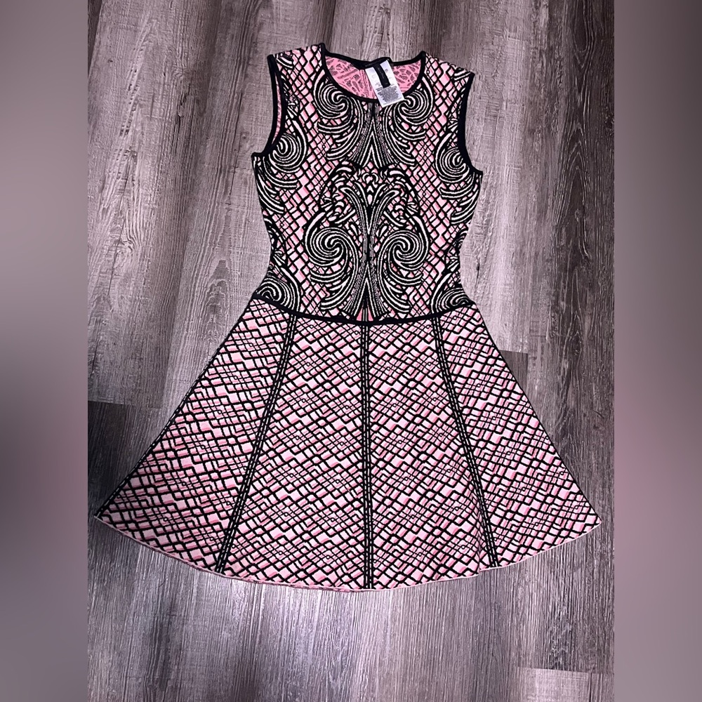 BCBGMaxAzria XS Pink and Black Swirl Fit and Flare sweater feel Dress